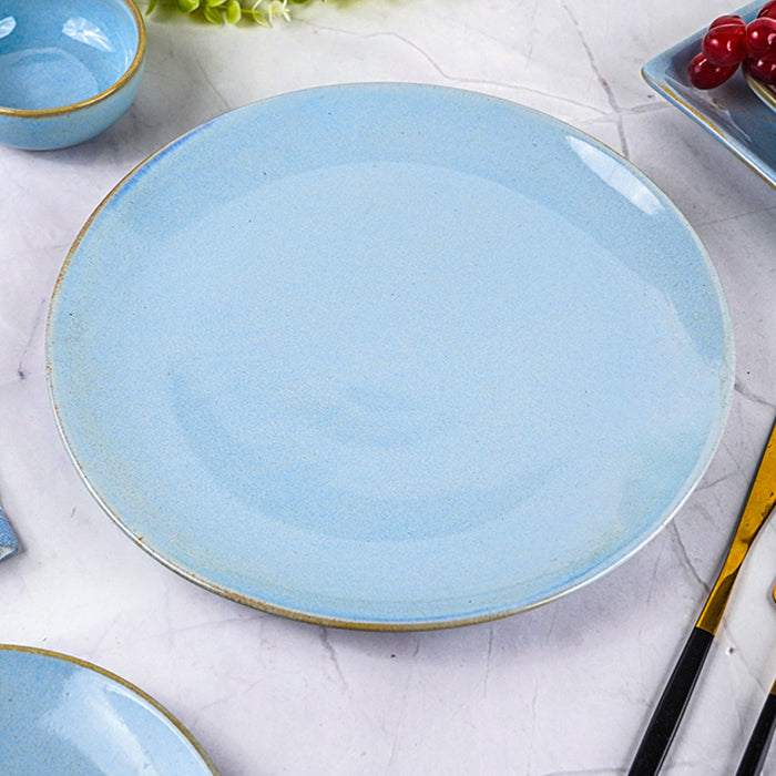 Light Blue Ceramic Dinner Set of 21 with Rustic Gold Rim Finish