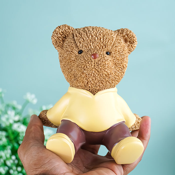 Brown Teddy Bear Figurine in Yellow Hoodie