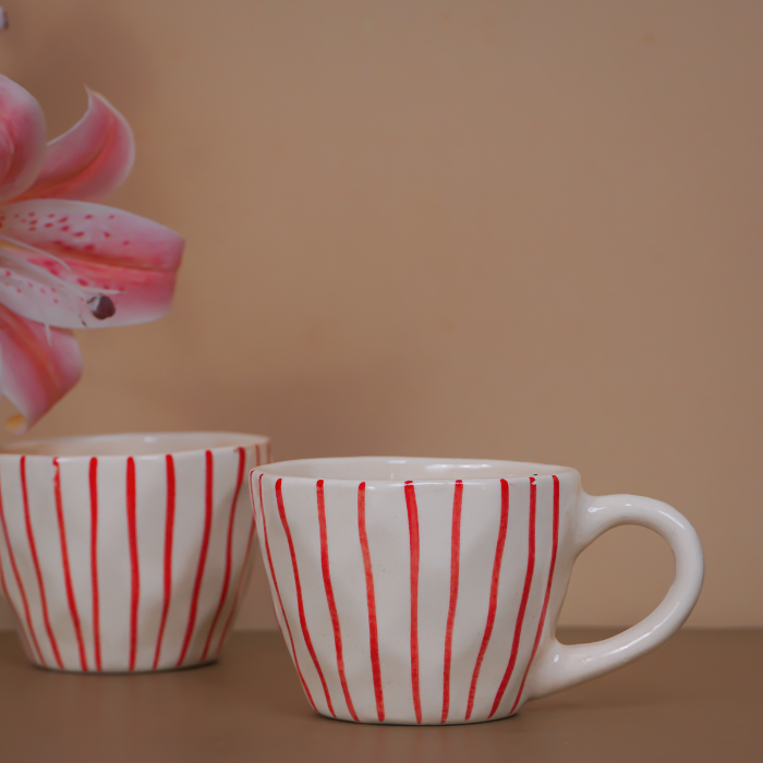 White Ceramic Cup with Hand-Painted Red Stripes