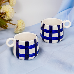 Blue and White Checkered Ceramic Mugs