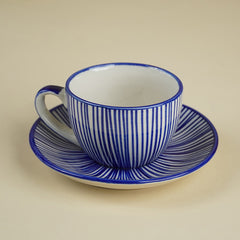 Blue and White Striped Ceramic Cup & Saucer