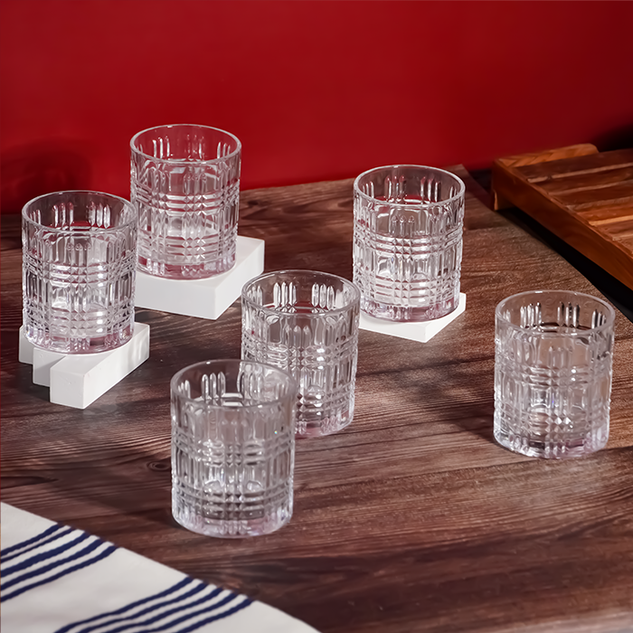 Clear Grid Pattern Design Whiskey Glasses - Set of 6