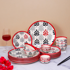 White and Red Ceramic Dinnerware - Set of 24