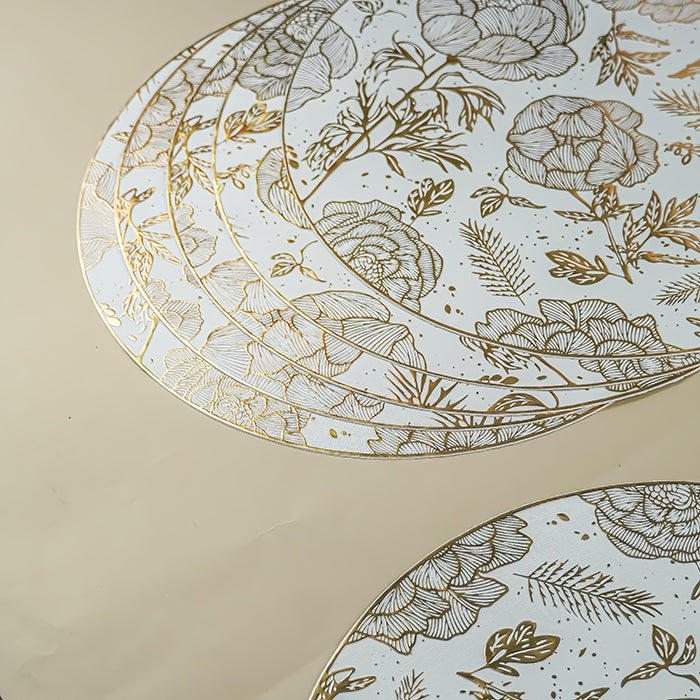 White & Gold Floral Table Mat with Botanical Illustration