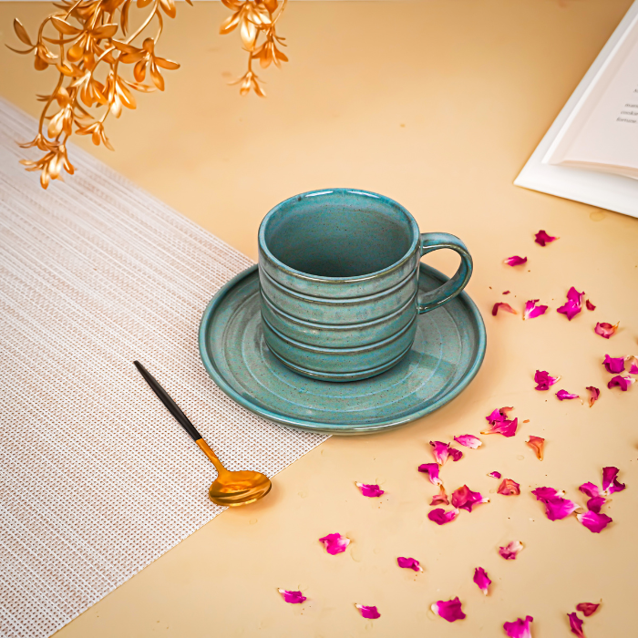 Green Ribbed Ceramic Cup and Saucer Set