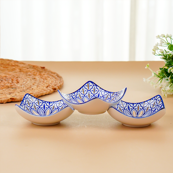 Blue & Yellow Petal-Design Square Ceramic Bowls Set of 3