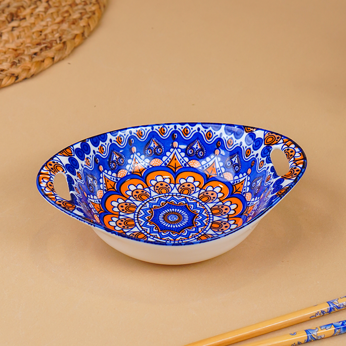 Blue & Orange Side Handles Ceramic Bowls Set of 3