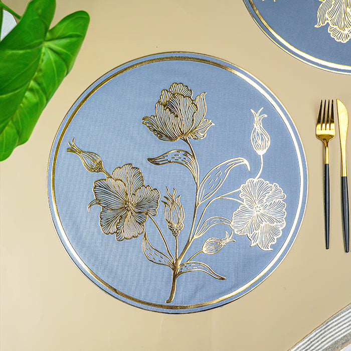 Blue Round Table Mat with Gold Floral Embossed Design