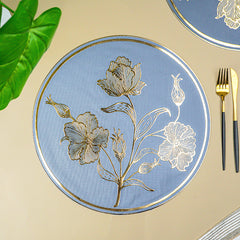 Blue Round Table Mat with Gold Floral Embossed Design