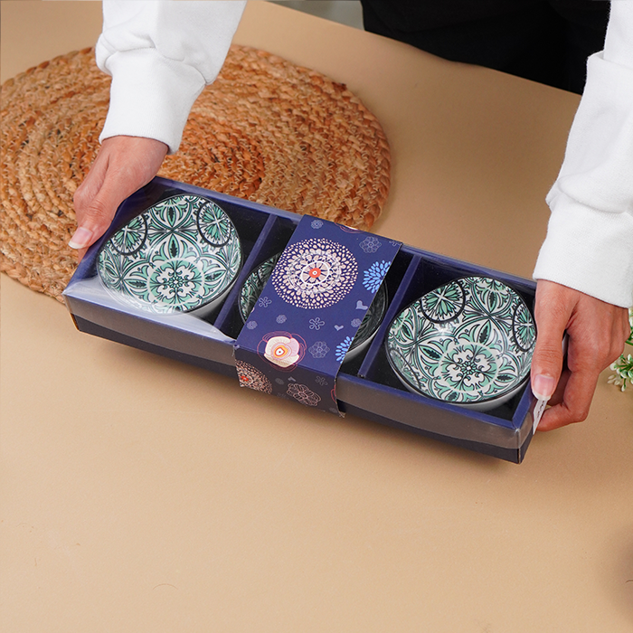 Green & White Fern Square Ceramic Bowls Set of 3