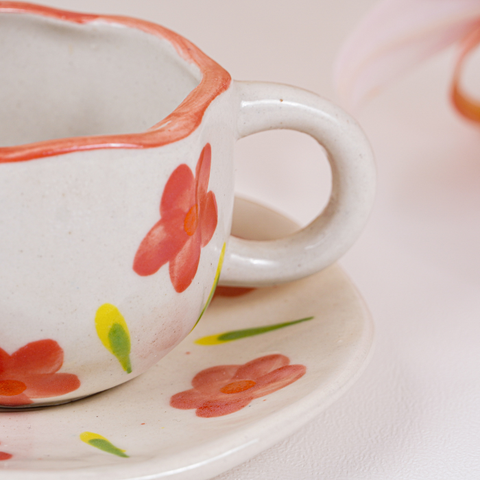 Hand-Painted Floral Ceramic Cup and Saucer Set