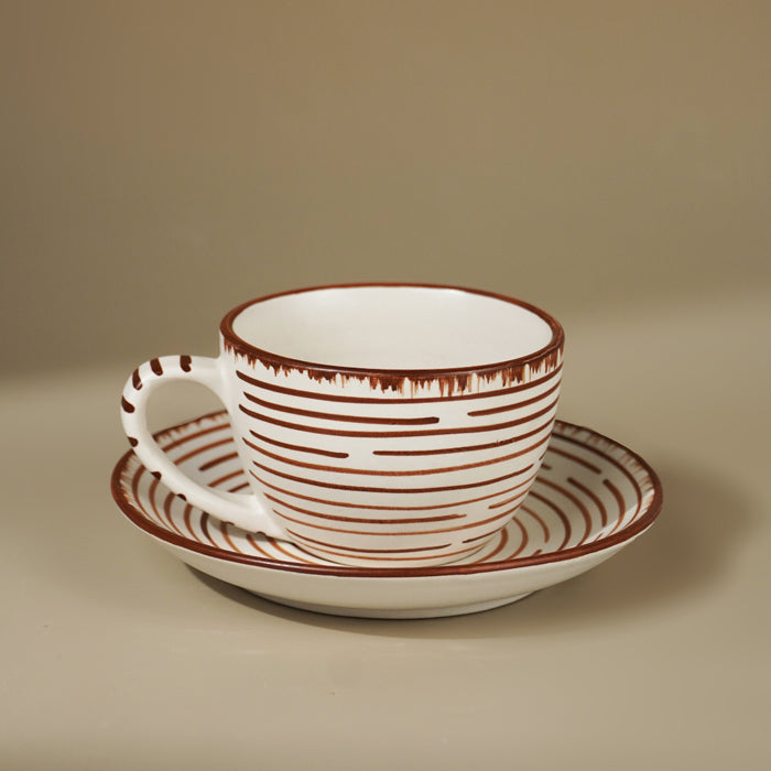 White Ceramic with Brown Spiral Cup and Saucer Set