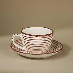 White Ceramic with Brown Spiral Cup and Saucer Set