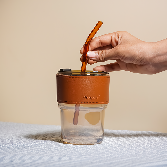 Glass Tumbler with Leather Sleeve - Orange Straw