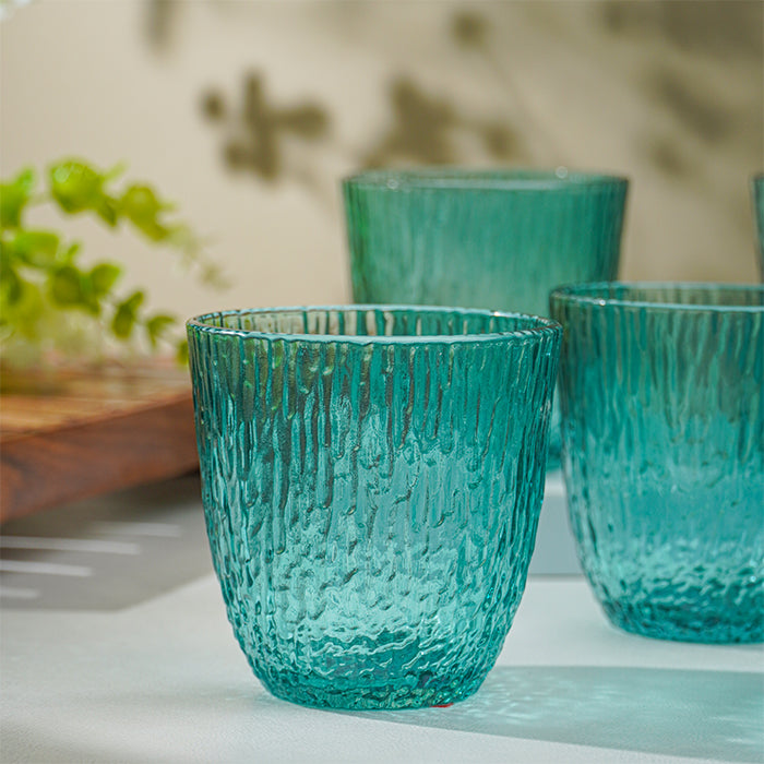 Aqua Green Textured Glasses with Rippled Design | Set of 6