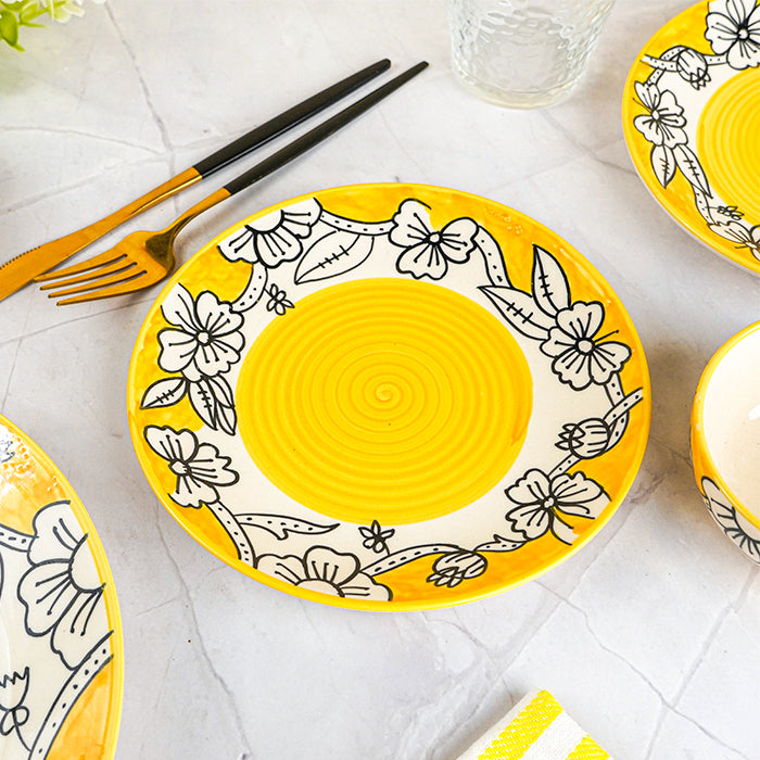 Yellow Ceramic Dinner Set with Black Floral Border - Set of 3