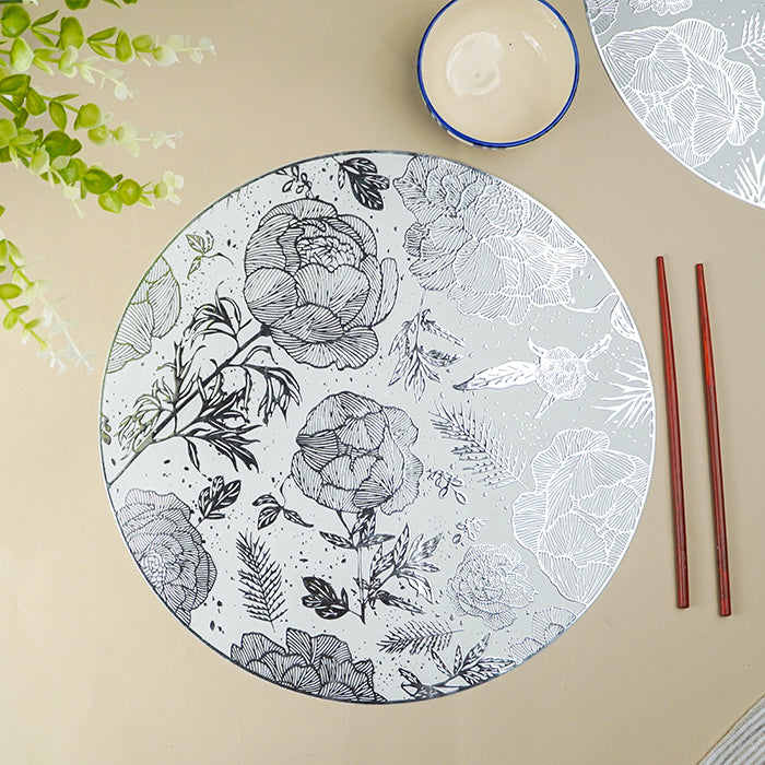 White Round Table Mat with Silver Floral Illustration