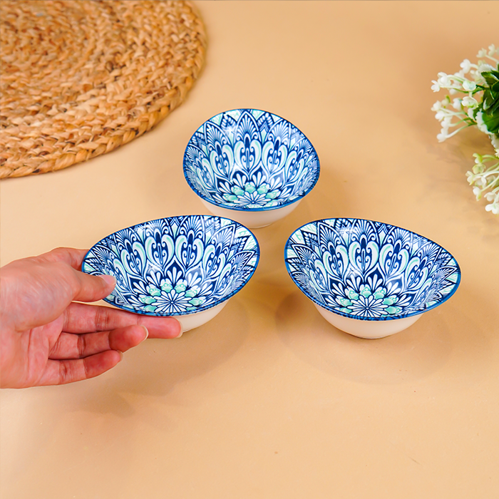 Blue & White Petal Long Ceramic Bowls Set of 3