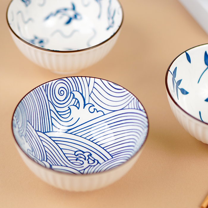 Blue Artwork Ceramic Bowls Set of 6 with Chopsticks