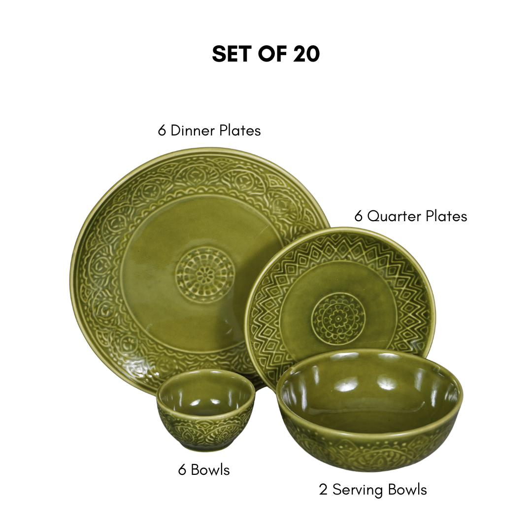 Green Ceramic Dinner Set (Set of 20)