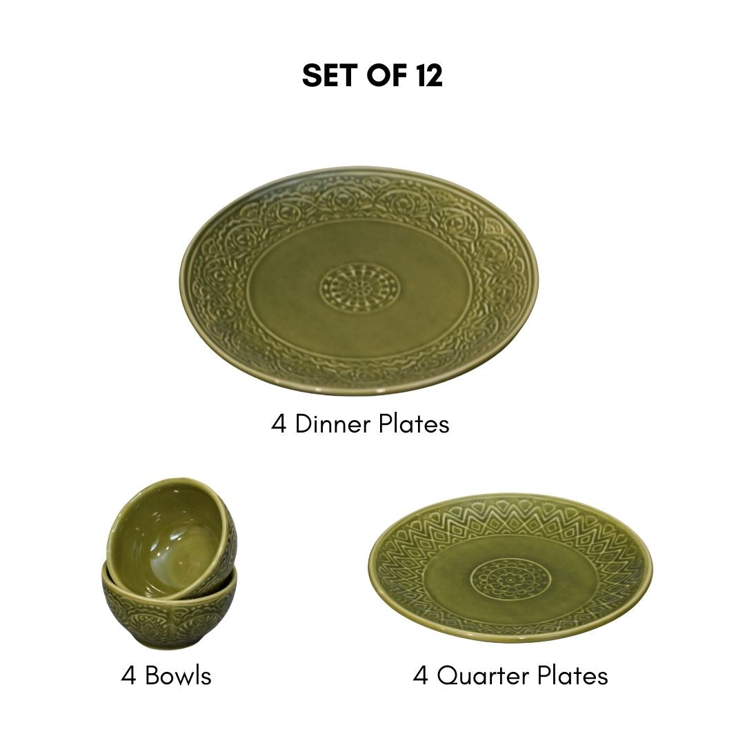 Green Ceramic Dinner Set (Set of 12)