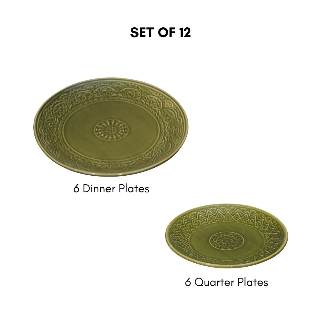 Green Ceramic Dinner Set (Set of 12)