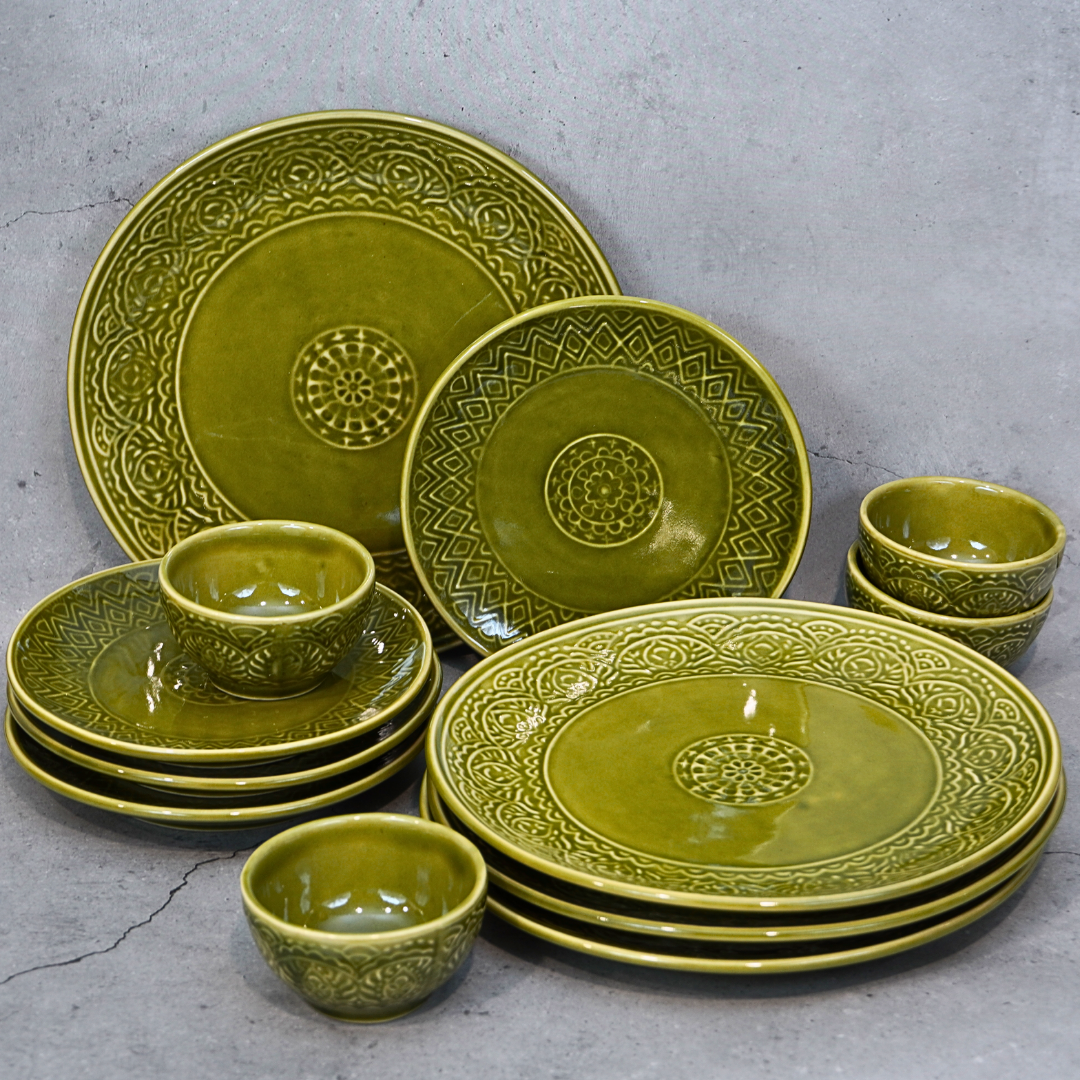 Green Ceramic Dinner Set (Set of 12)