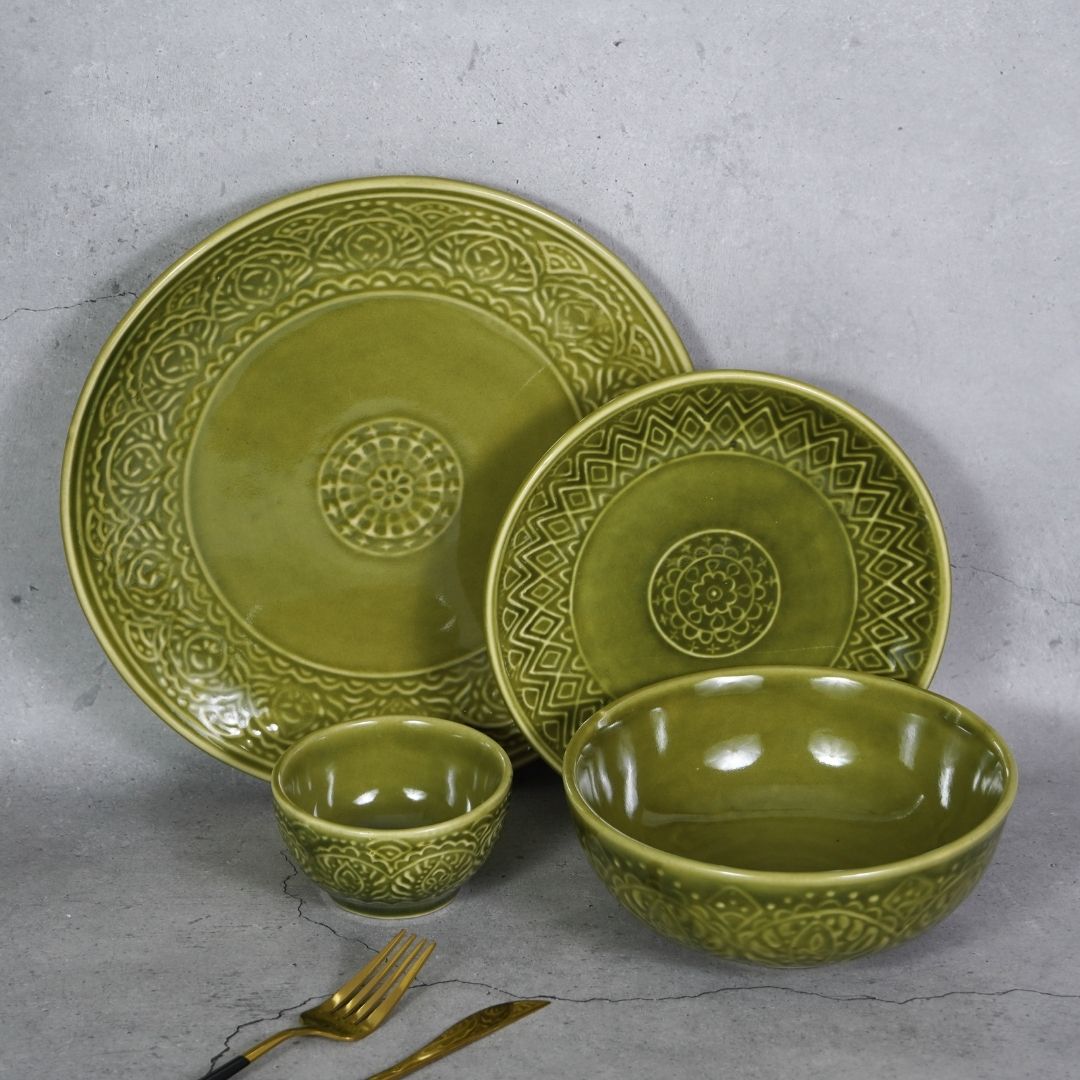 Green Ceramic Dinner Set (Set of 20)