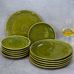 Green Ceramic Dinner Set (Set of 12)