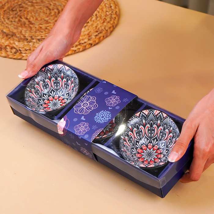 Black & Red Floral Long Ceramic Bowls Set of 3