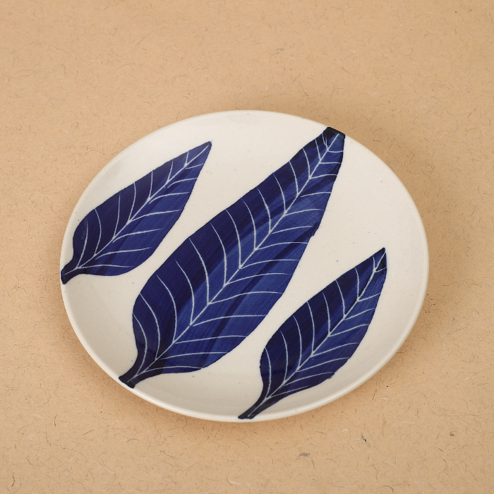 White Base Quarter Plate with Blue Leaf Design