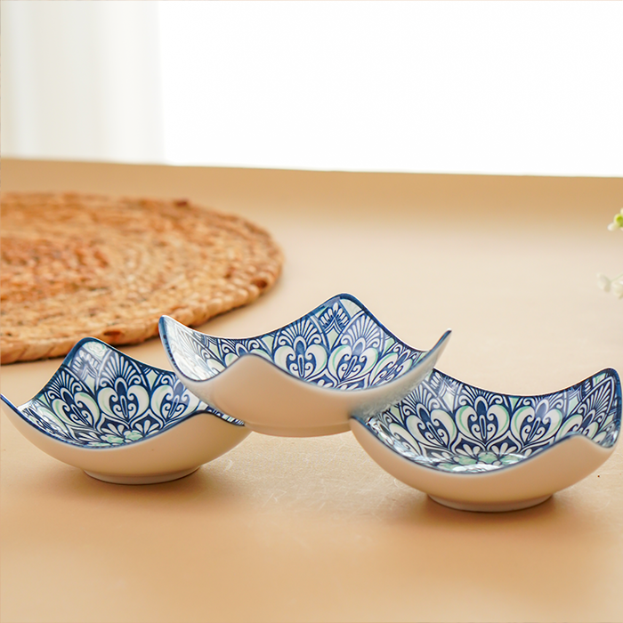 Blue & White Floral Square Ceramic Bowls Set of 3