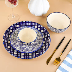 Blue and White Patterned Ceramic Dinner Set - Set of 20