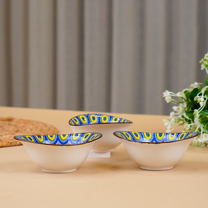 Yellow & Blue Sunburst Long Ceramic Bowls Set of 3