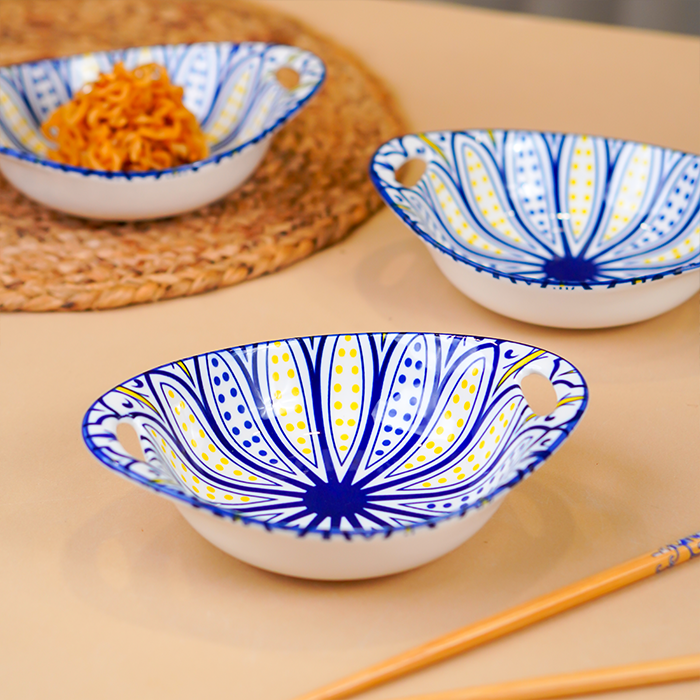 Blue & Yellow Side Handles Ceramic Bowls Set of 3