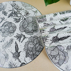 White Round Table Mat with Silver Floral Illustration