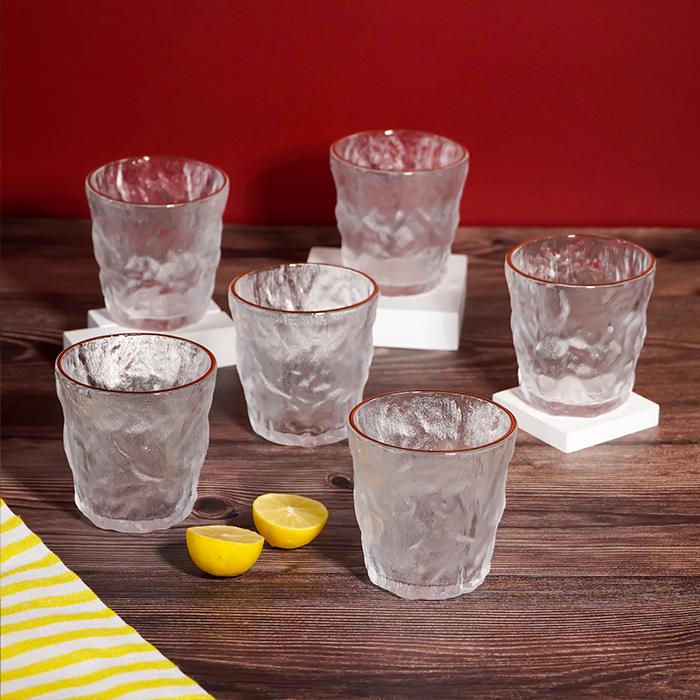 Frosted Clear Glasses with Amber Rim - Set of 6