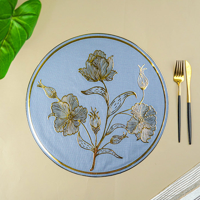 Blue Round Table Mat with Gold Floral Embossed Design