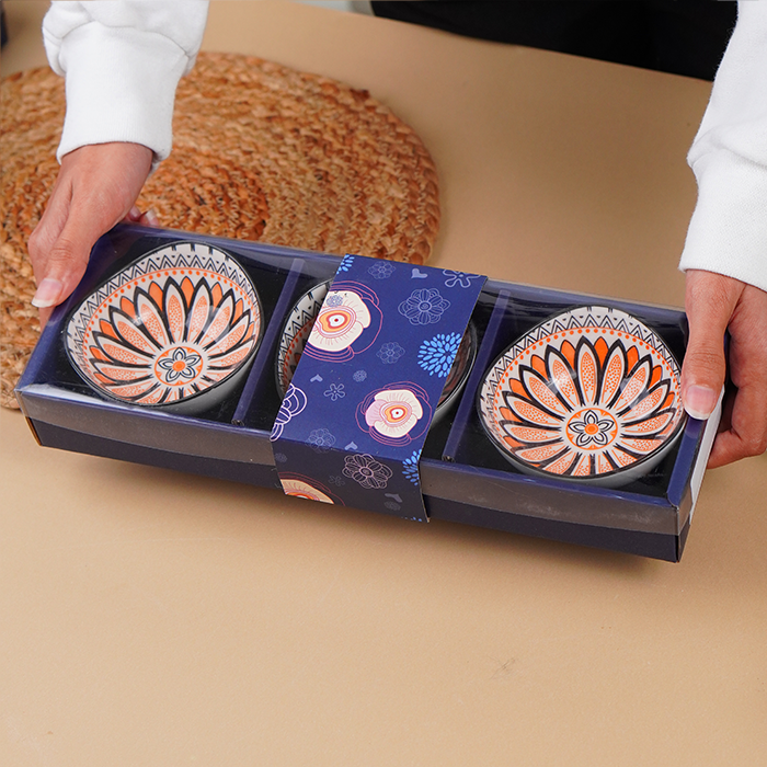 Orange & Black Ember Square Ceramic Bowls Set of 3