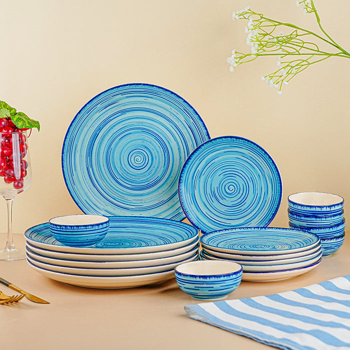 Sky Blue Ceramic Dinnerware Swirl Pattern - Set of 18