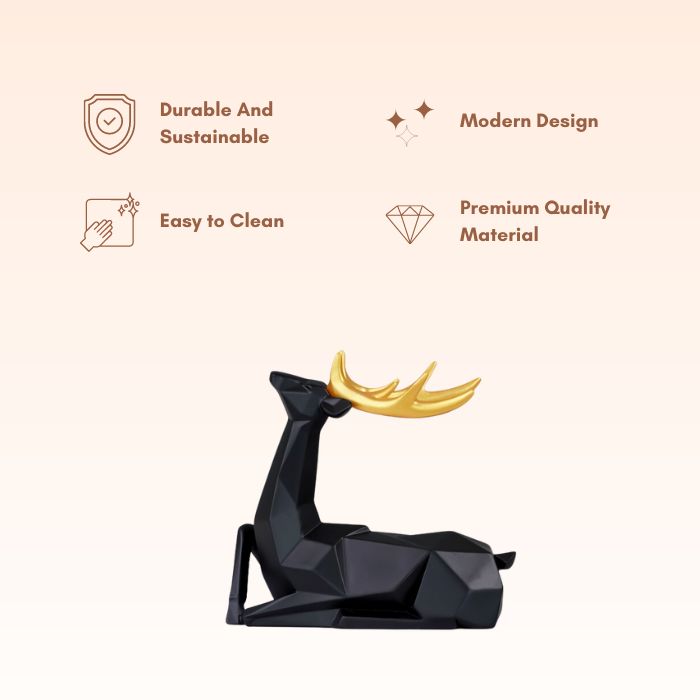 Black Geometric Deer Figurine with Gold Antlers