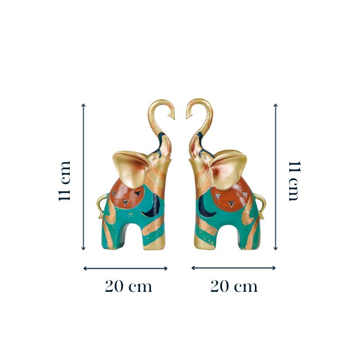 Gold and Teal Twin Elephant Figurines - Set of 2