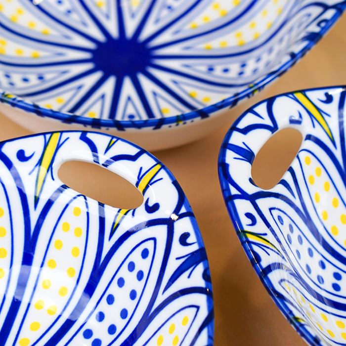 Blue & Yellow Side Handles Ceramic Bowls Set of 3