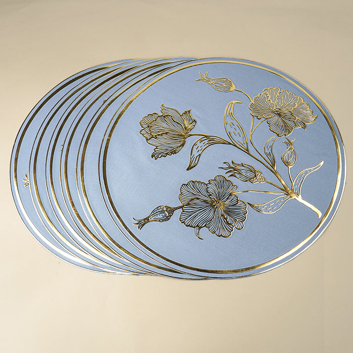 Blue Round Table Mat with Gold Floral Embossed Design