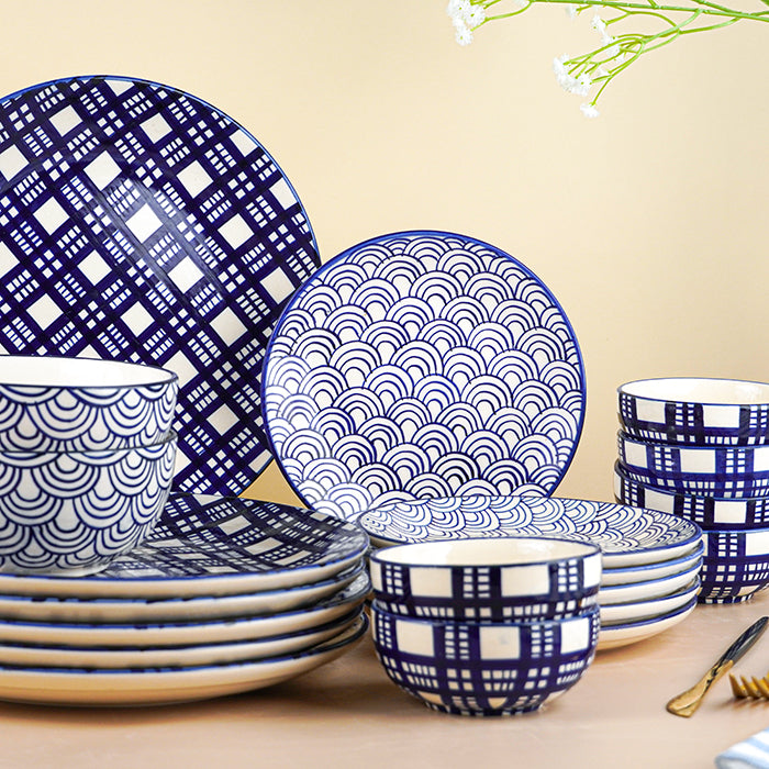 Blue and White Patterned Ceramic Dinner Set - Set of 20