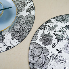 White Round Table Mat with Silver Floral Illustration