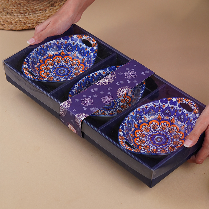 Blue & Orange Side Handles Ceramic Bowls Set of 3