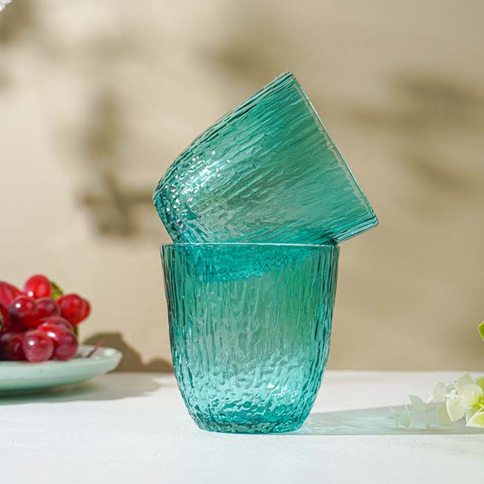 Aqua Green Textured Glasses with Rippled Design | Set of 6