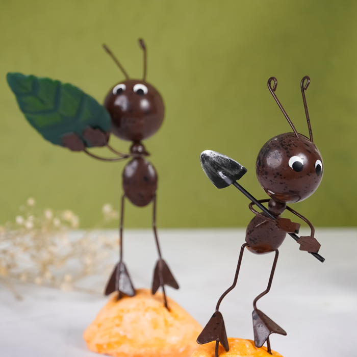 Handcrafted Metal Ant Figurines with Crystal Leaf - Set of 2