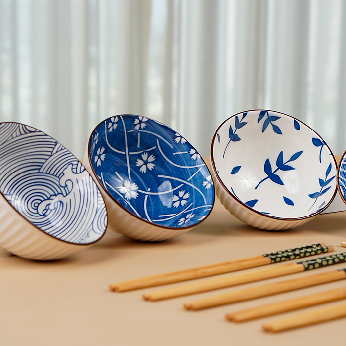 Blue Artwork Ceramic Bowls Set of 6 with Chopsticks